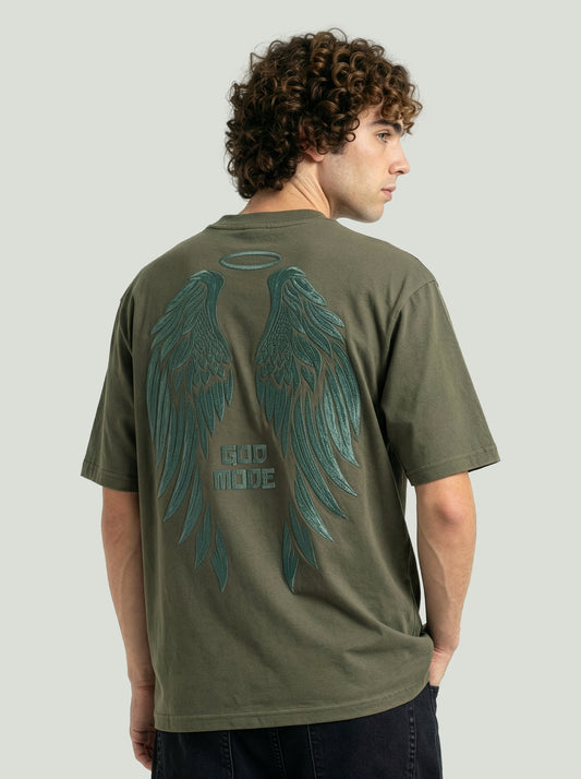 Men’s Olive Green Oversized T-Shirt with Angel Wings Print | God Mode Back Graphic Tee