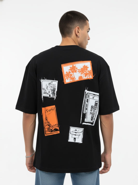 Men’s Oversized Cotton T-Shirt – Black Back Print Graphic Casual Tee