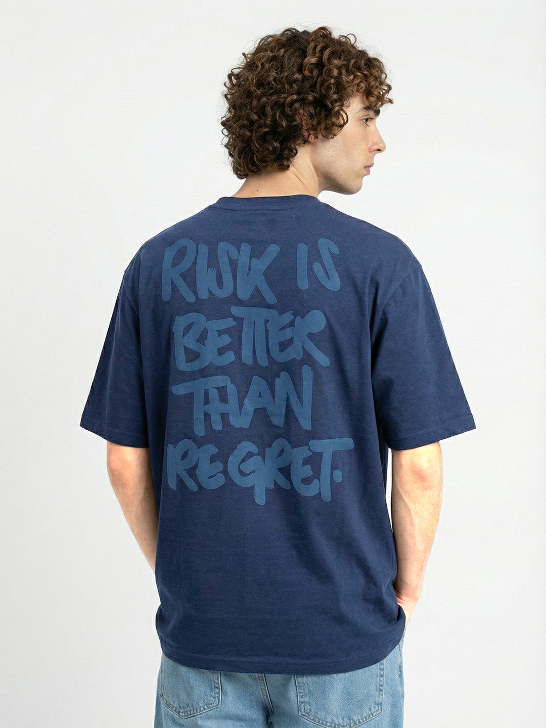 Men’s Navy Blue Oversized Typography Graphic T-Shirt – “Risk is Better Than Regret” Back Print Streetwear Tee