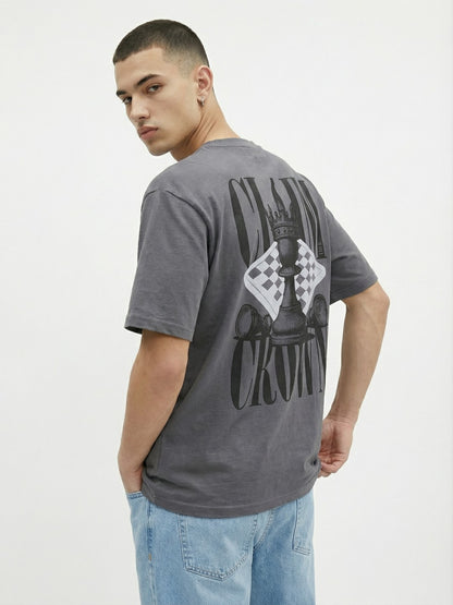 Men’s Oversized Grey Graphic T-Shirt – Crown Chess Back Print |  Cotton Blend Drop Shoulder Streetwear Tee
