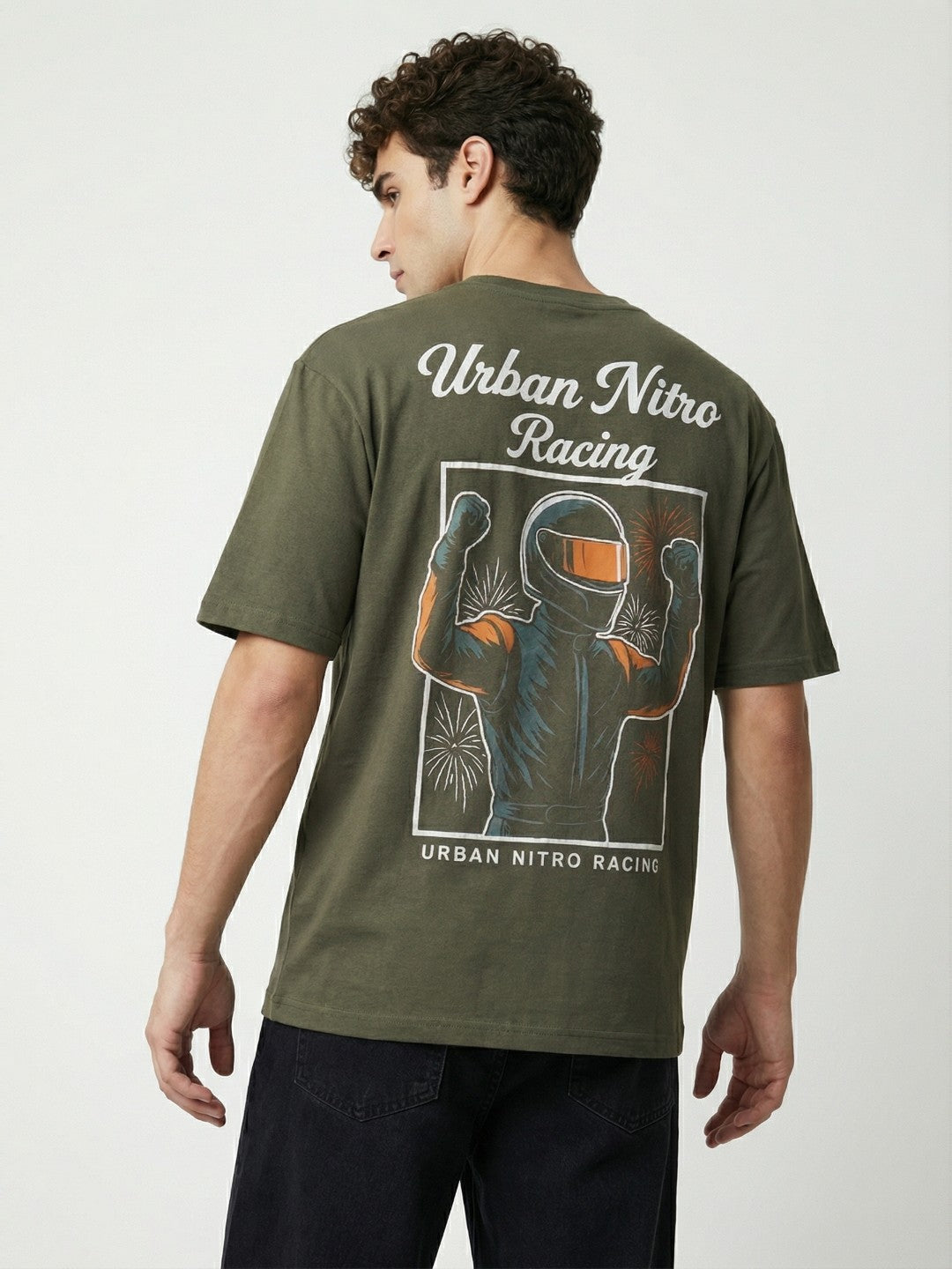Men’s Olive Green Oversized T-Shirt | Urban Nitro Racing Back Print Graphic Tee