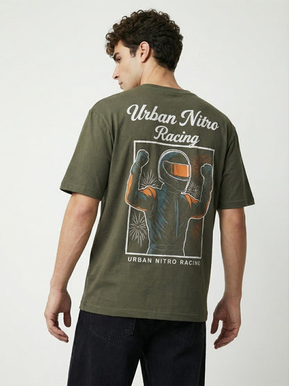 Men’s Olive Green Oversized T-Shirt | Urban Nitro Racing Back Print Graphic Tee
