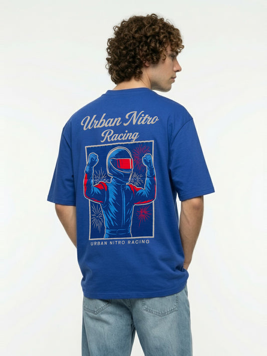 Men’s Blue Oversized T-Shirt | Urban Nitro Racing Back Print Graphic Tee