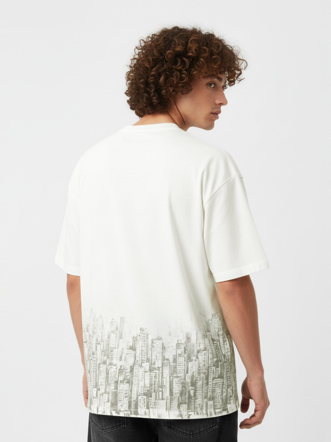 Men’s Cotton Blend Oversized T-Shirt – Minimal Text & Cityscape Print Casual Tee