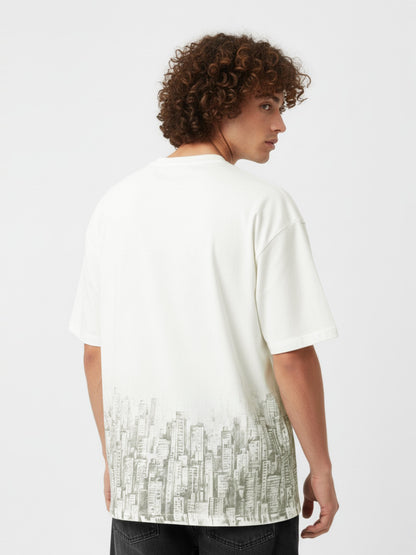 Men’s Cotton Blend Oversized T-Shirt – Minimal Text & Cityscape Print Casual Tee