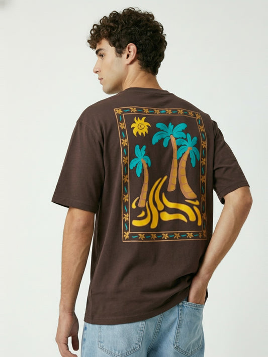 Men’s Brown Oversized Graphic T-Shirt – Tropical Palm Tree Back Print Streetwear Tee