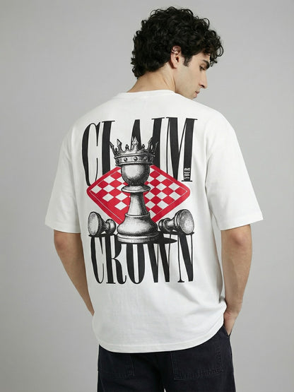 Men’s Oversized White Graphic T-Shirt – Crown Chess Back Print | Cotton Blend Drop Shoulder Streetwear Tee