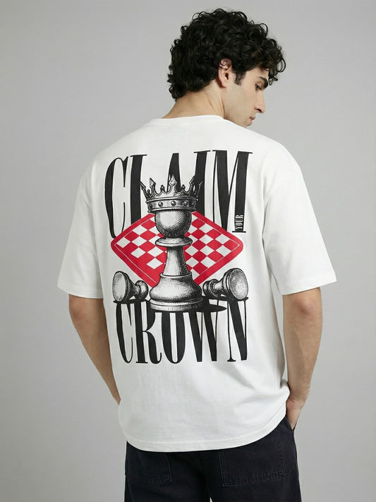 Men’s Oversized White Graphic T-Shirt – Crown Chess Back Print | Cotton Blend Drop Shoulder Streetwear Tee