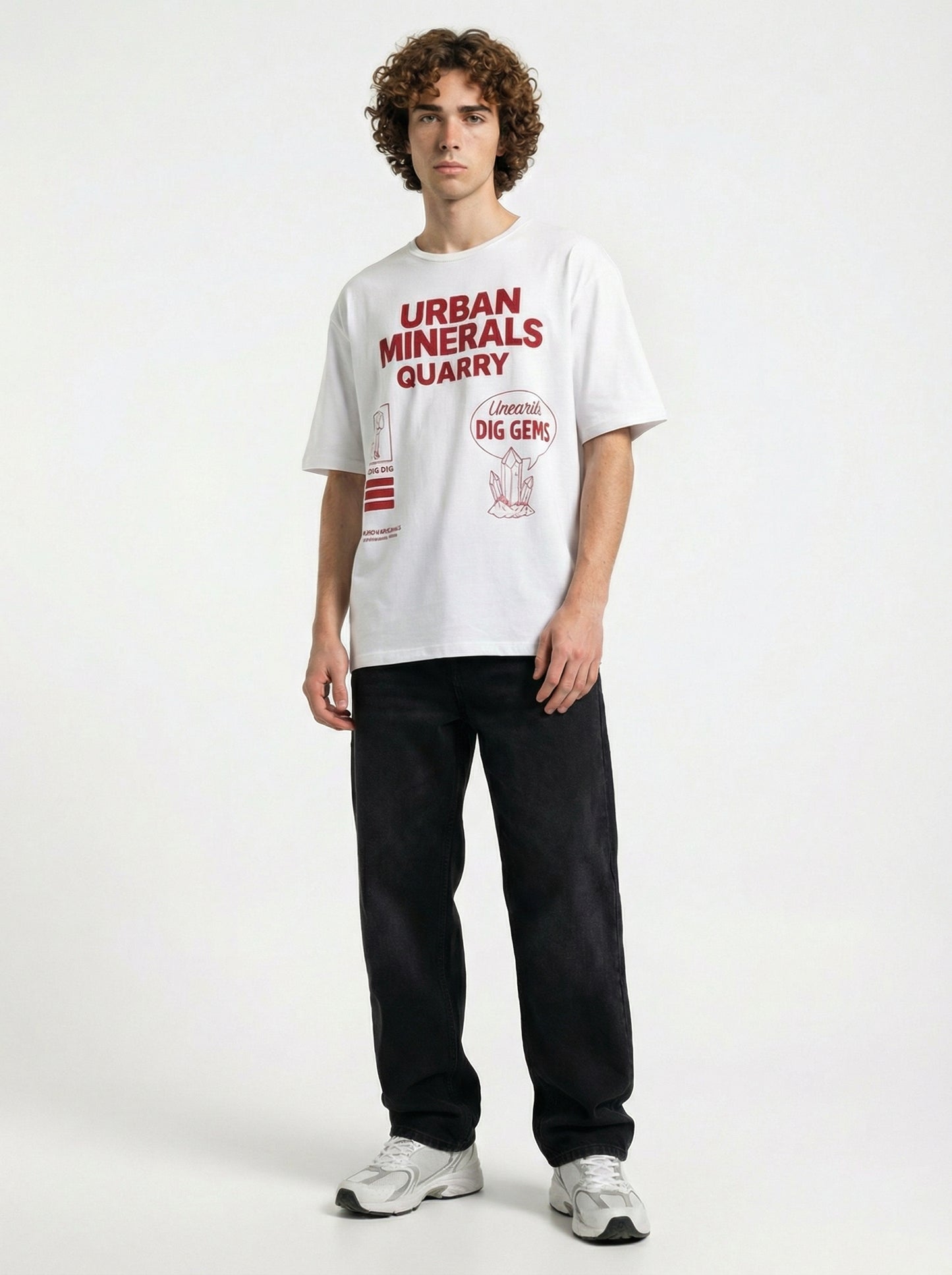 Men’s White Graphic T-Shirt – Urban Minerals Quarry Print | “Dig Without Limits” Streetwear Cotton Tee