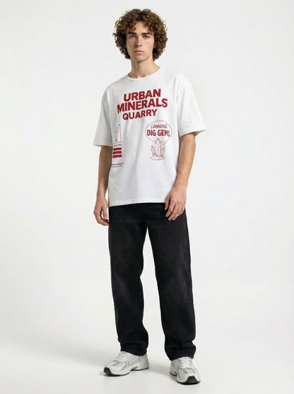 Men’s White Graphic T-Shirt – Urban Minerals Quarry Print | “Dig Without Limits” Streetwear Cotton Tee