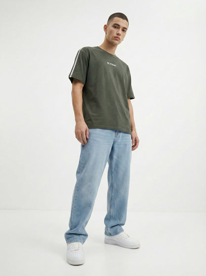 Men’s Olive Green Oversized T-Shirt | Be Strong Minimal Print Streetwear Tee