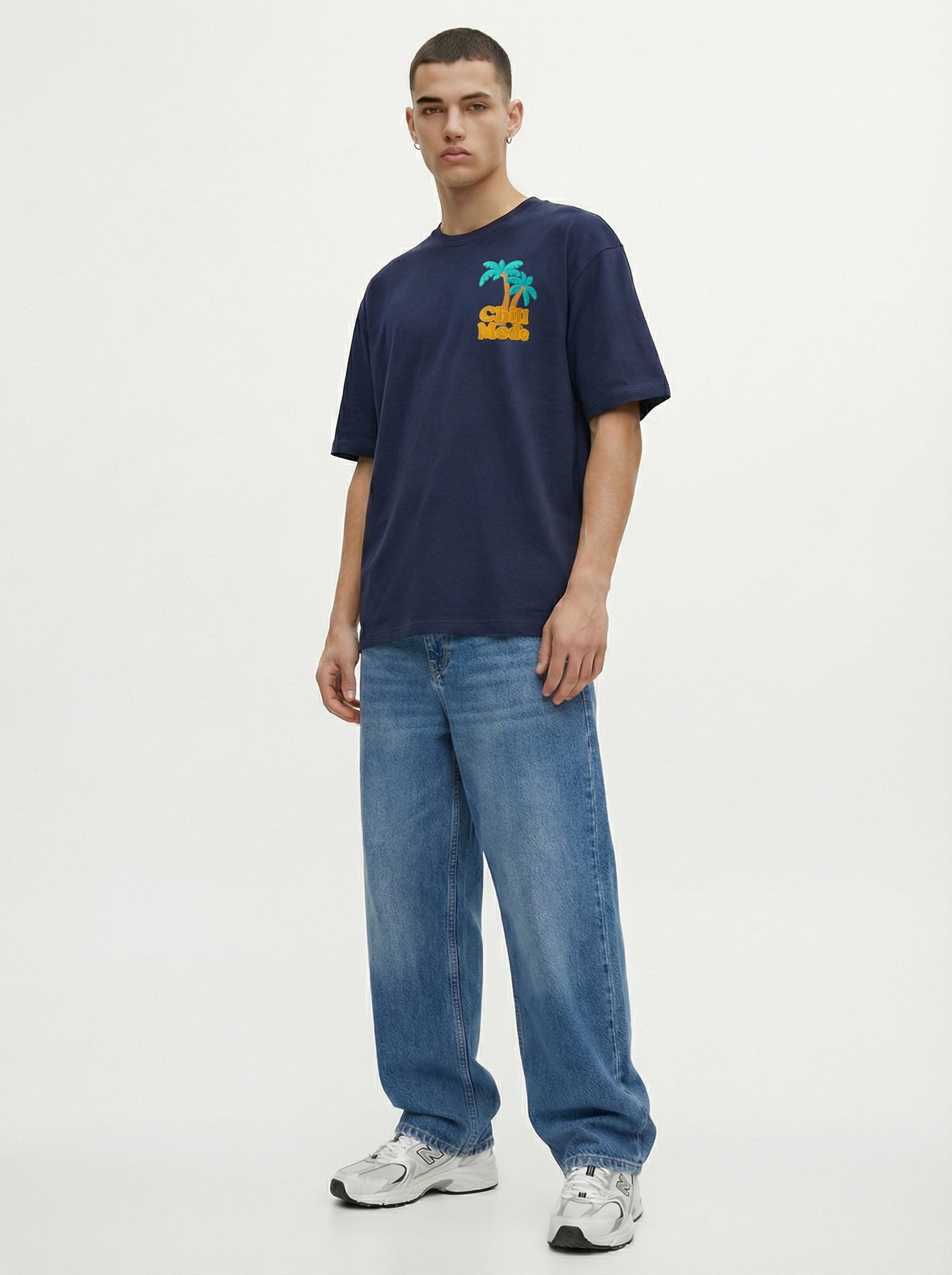 Men’s Navy Blue Oversized Graphic T-Shirt – Tropical Palm Tree Back Print Streetwear Tee