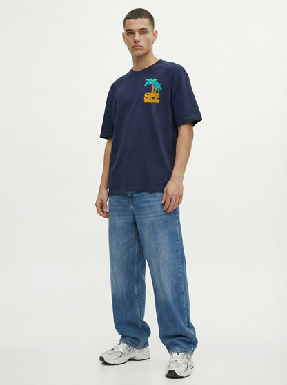 Men’s Navy Blue Oversized Graphic T-Shirt – Tropical Palm Tree Back Print Streetwear Tee