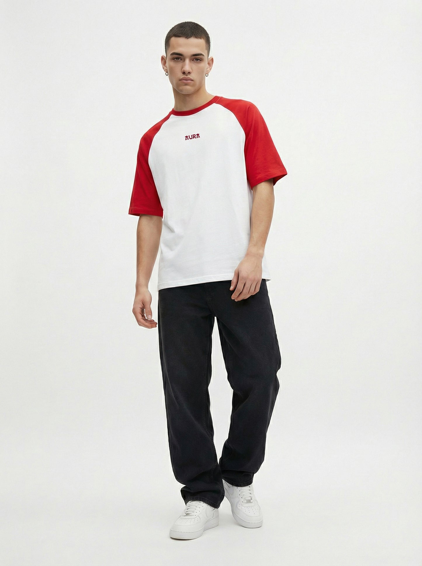 Oversized Raglan T-Shirt for Men – White Red Cotton Blend Casual Tee