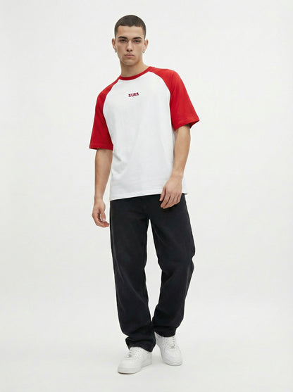 Oversized Raglan T-Shirt for Men – White Red Cotton Blend Casual Tee