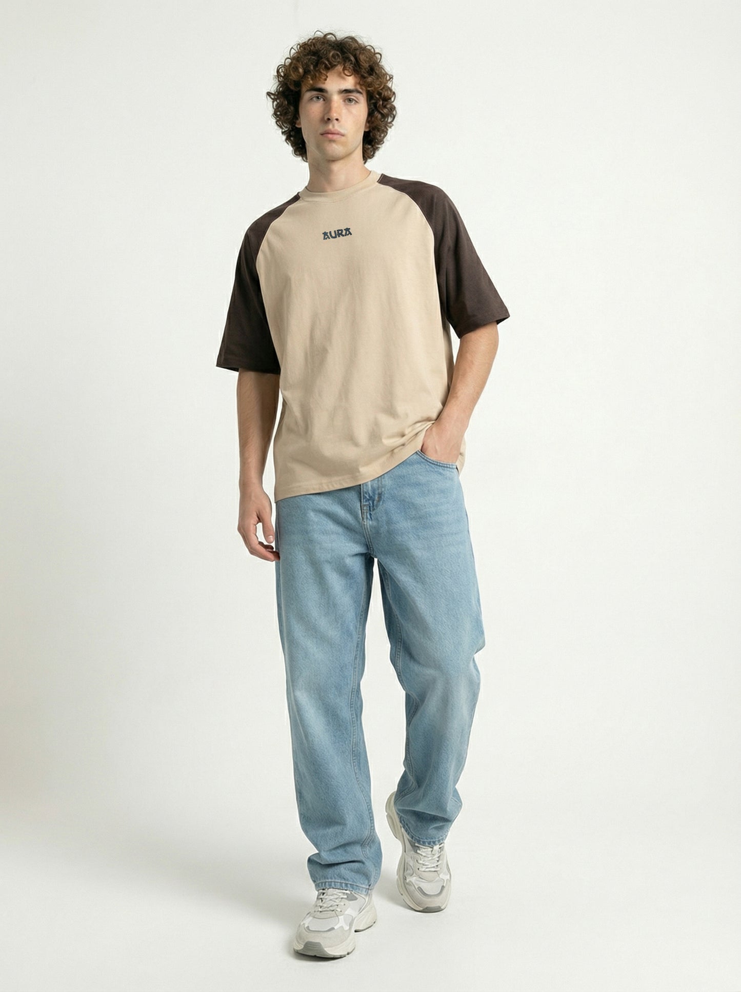 Men’s Casual Oversized Tee – Raglan Sleeve Beige Brown Cotton T-Shirt