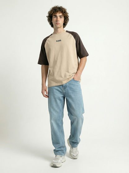 Men’s Casual Oversized Tee – Raglan Sleeve Beige Brown Cotton T-Shirt