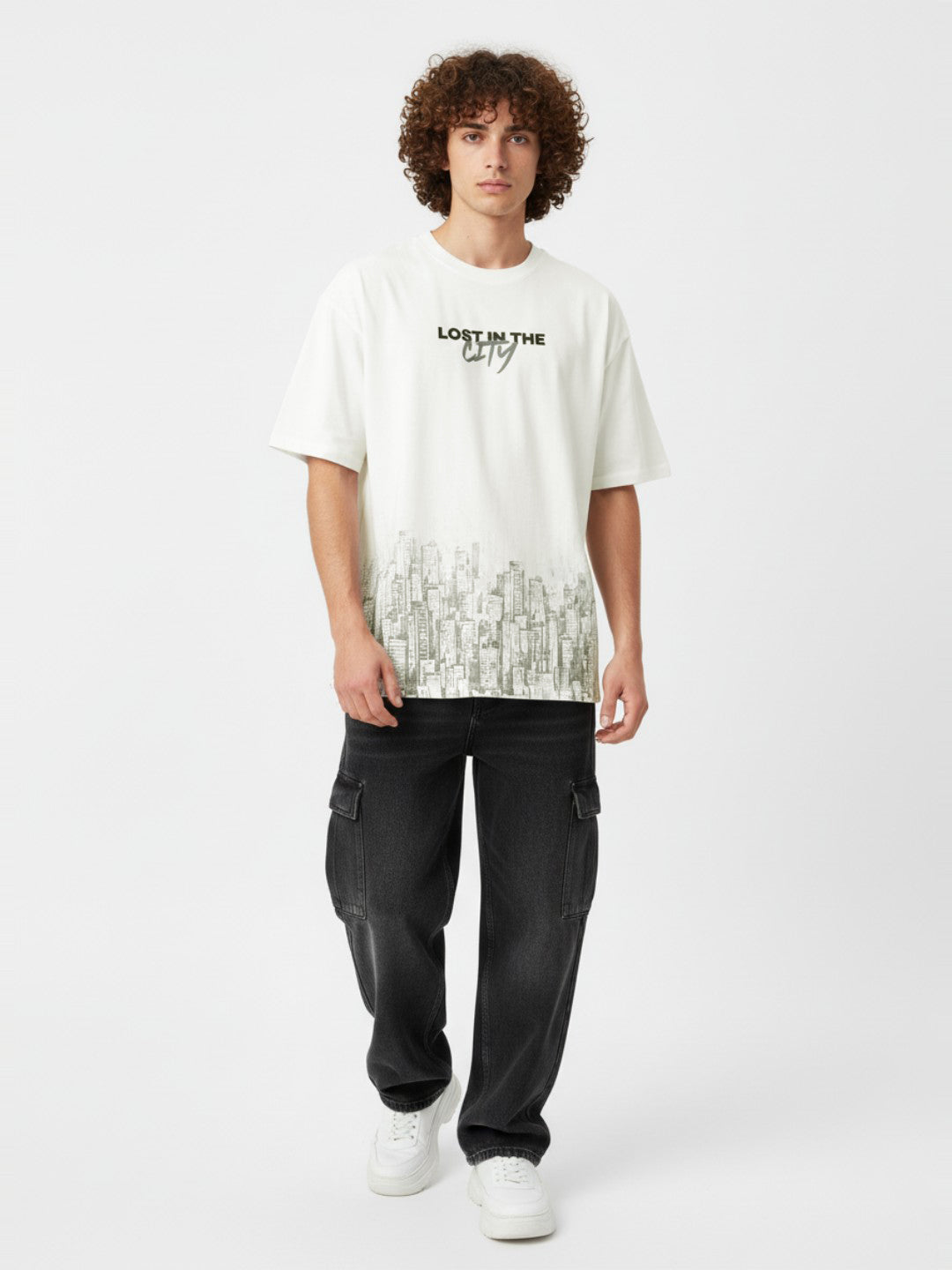 Men’s Cotton Blend Oversized T-Shirt – Minimal Text & Cityscape Print Casual Tee