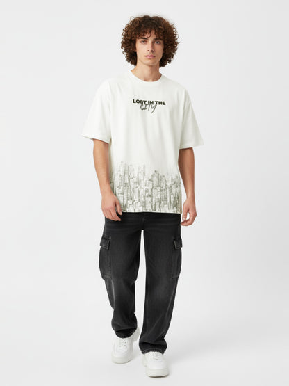 Men’s Cotton Blend Oversized T-Shirt – Minimal Text & Cityscape Print Casual Tee