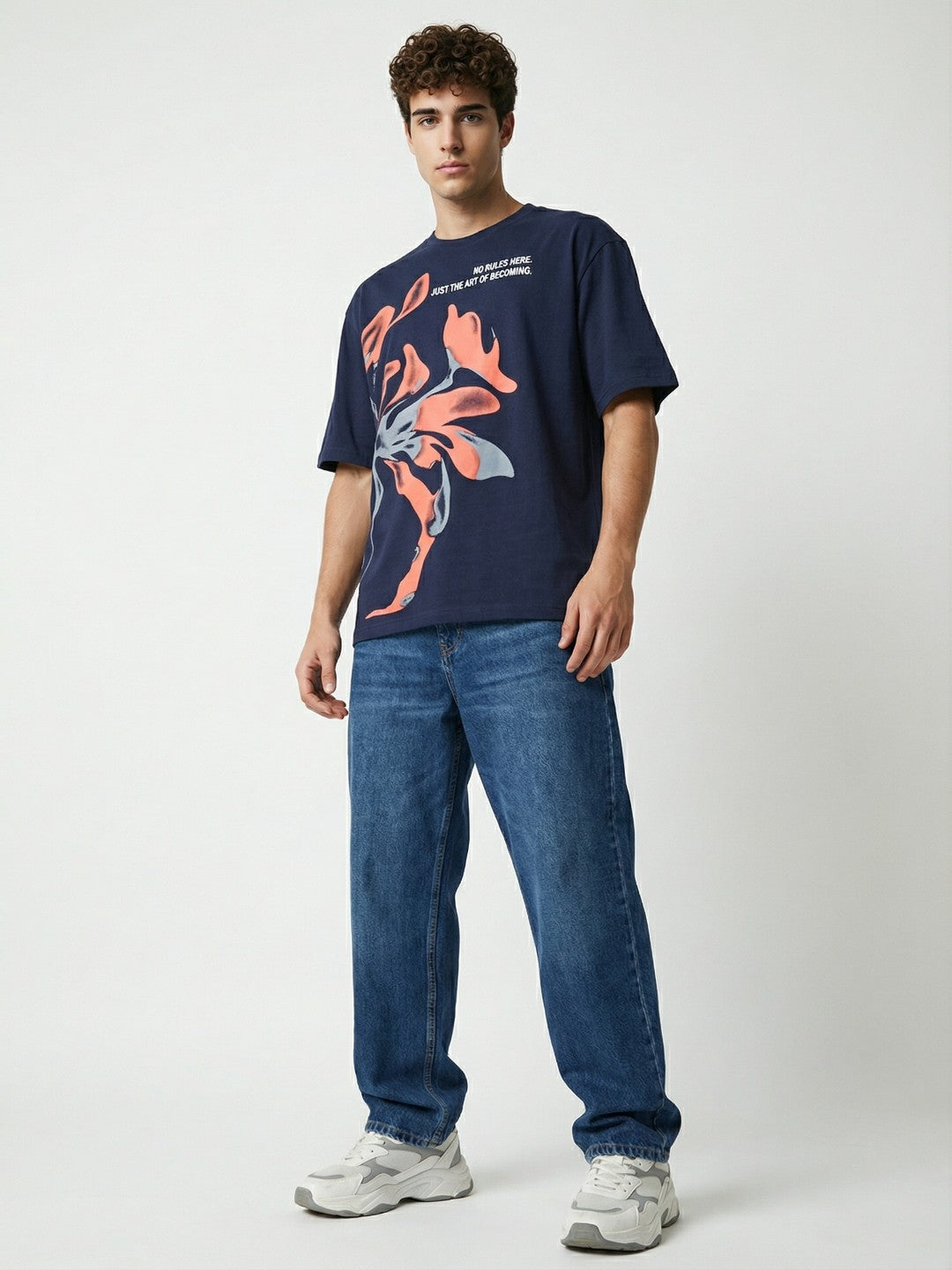 Men’s Oversized Navy Blue Graphic T-Shirt – Abstract Art Print | Cotton Blend Drop Shoulder Tee