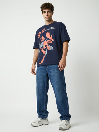 Men’s Oversized Navy Blue Graphic T-Shirt – Abstract Art Print | Cotton Blend Drop Shoulder Tee