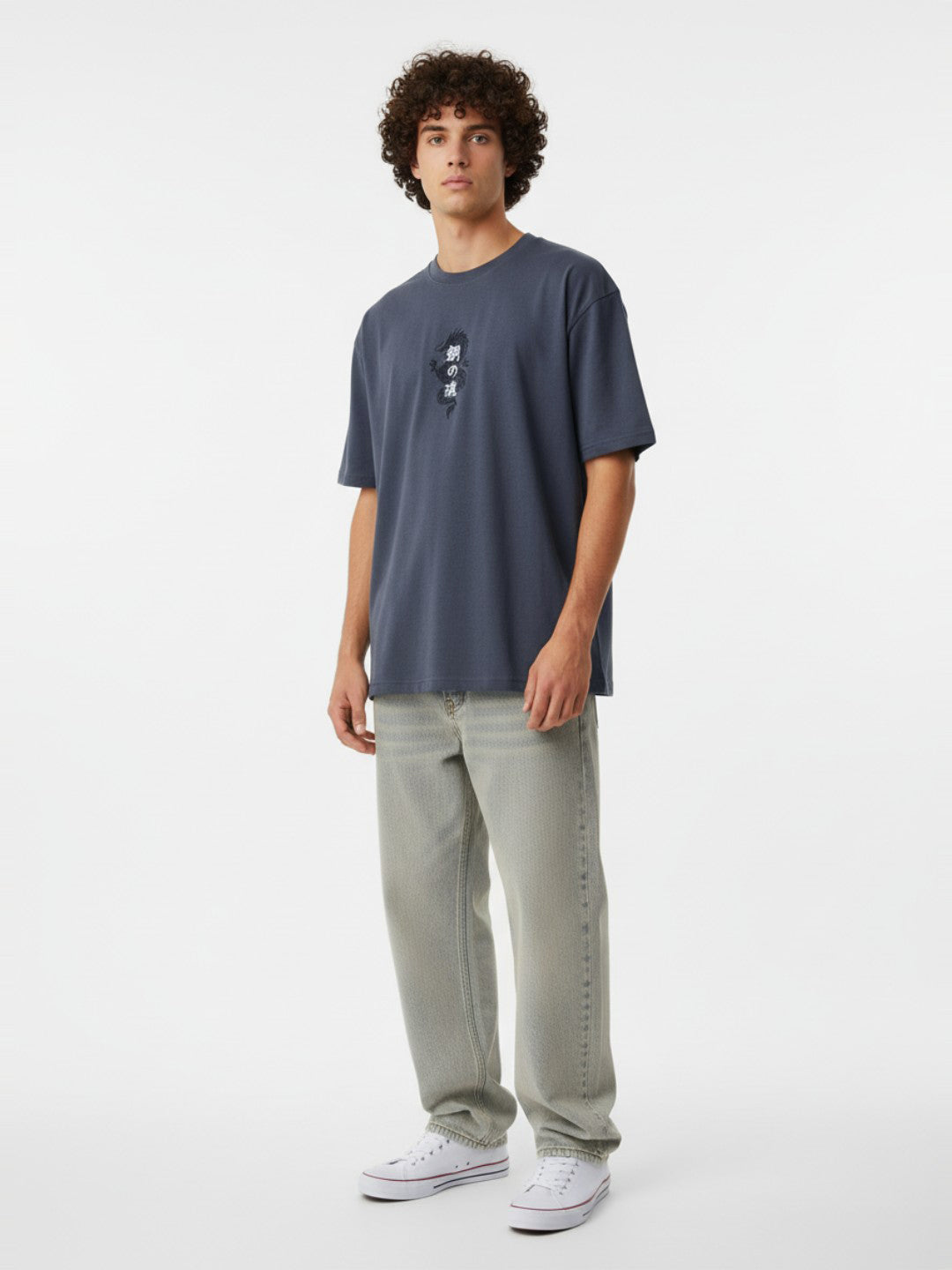 Men’s Cotton Blend Oversized T-Shirt – Minimal Dragon Print Casual Wear Tee