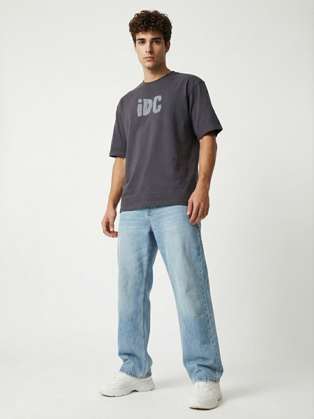 Men’s Oversized Grey Graphic T-Shirt – “I Don’t Care” Back Print | Cotton Blend Drop Shoulder Streetwear Tee