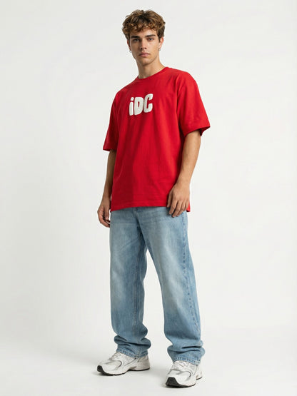 Men’s Oversized Red Graphic T-Shirt – “I Don’t Care” Back Print | Cotton Blend Drop Shoulder Streetwear Tee