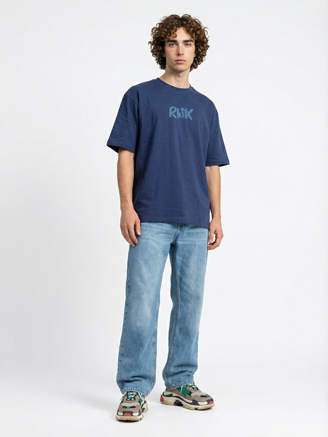 Men’s Navy Blue Oversized Typography Graphic T-Shirt – “Risk is Better Than Regret” Back Print Streetwear Tee