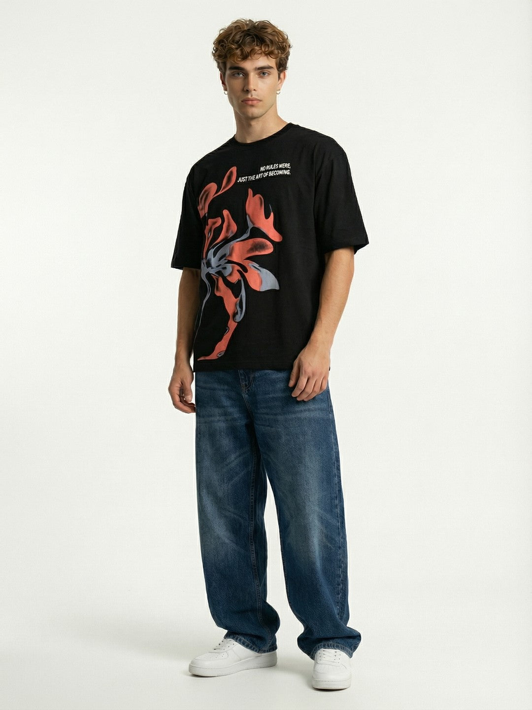 Men’s Oversized Black Graphic T-Shirt – Abstract Print | Cotton Blend Drop Shoulder Streetwear Tee