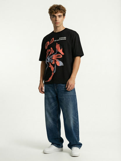 Men’s Oversized Black Graphic T-Shirt – Abstract Print | Cotton Blend Drop Shoulder Streetwear Tee