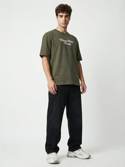 Men’s Olive Green Oversized T-Shirt | Urban Nitro Racing Back Print Graphic Tee