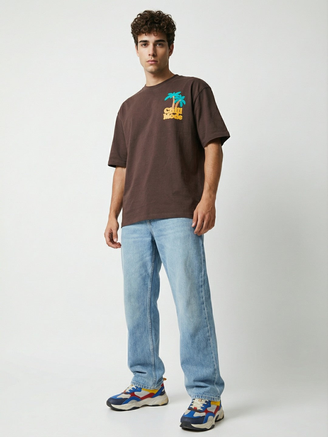 Men’s Brown Oversized Graphic T-Shirt – Tropical Palm Tree Back Print Streetwear Tee