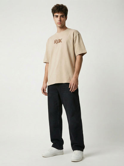 Men’s Beige Oversized Typography Graphic T-Shirt – “Risk is Better Than Regret” Back Print Cotton Blend Streetwear Tee