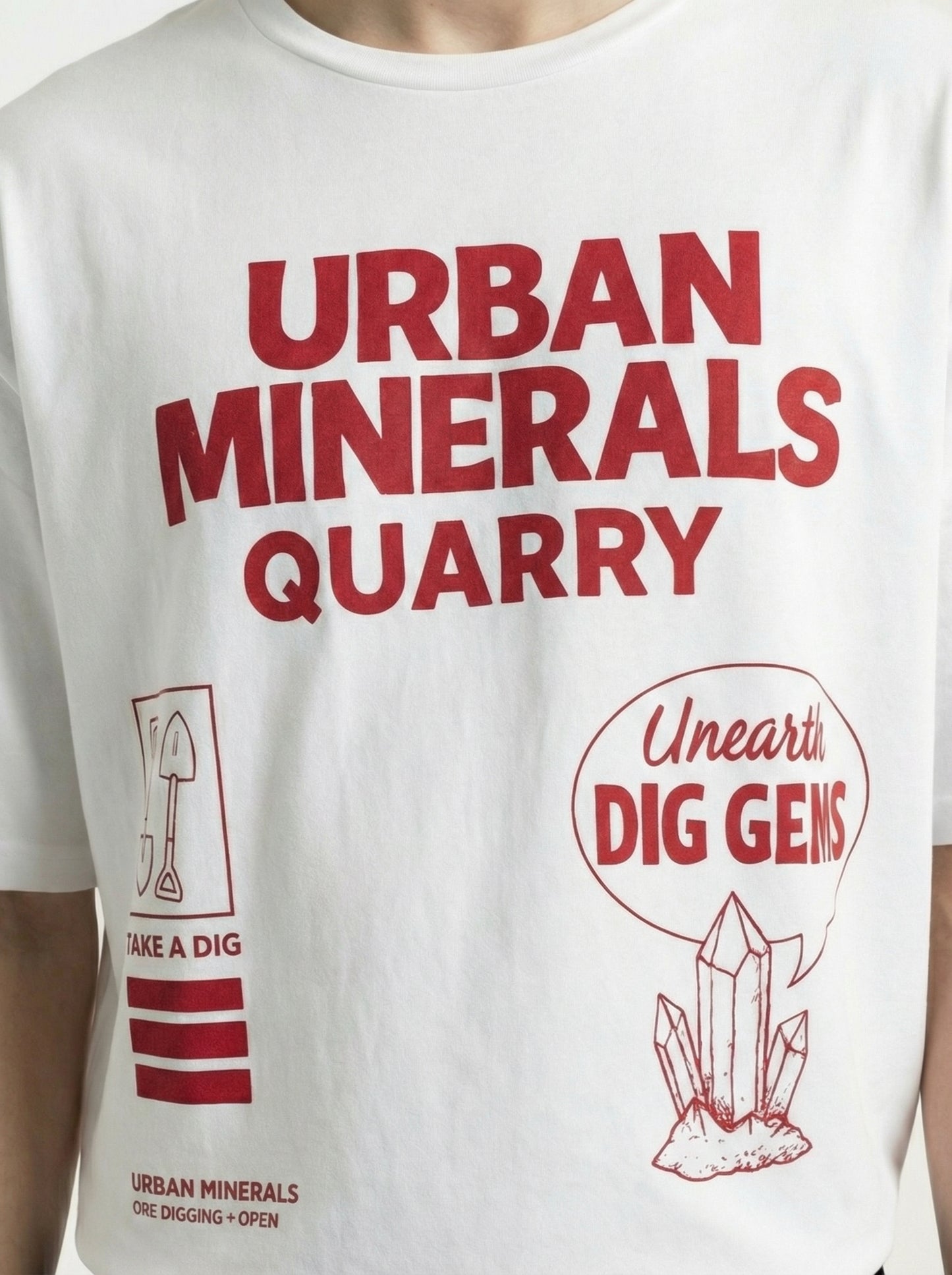 Men’s White Graphic T-Shirt – Urban Minerals Quarry Print | “Dig Without Limits” Streetwear Cotton Tee