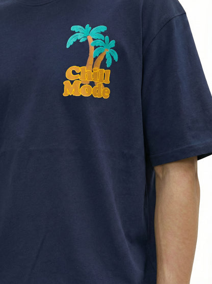 Men’s Navy Blue Oversized Graphic T-Shirt – Tropical Palm Tree Back Print Streetwear Tee