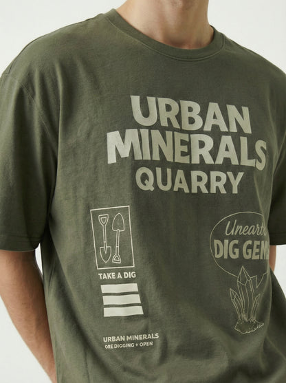 Men’s Olive Green Graphic T-Shirt – Urban Minerals Quarry Print | “Dig Without Limits” Casual Streetwear Tee