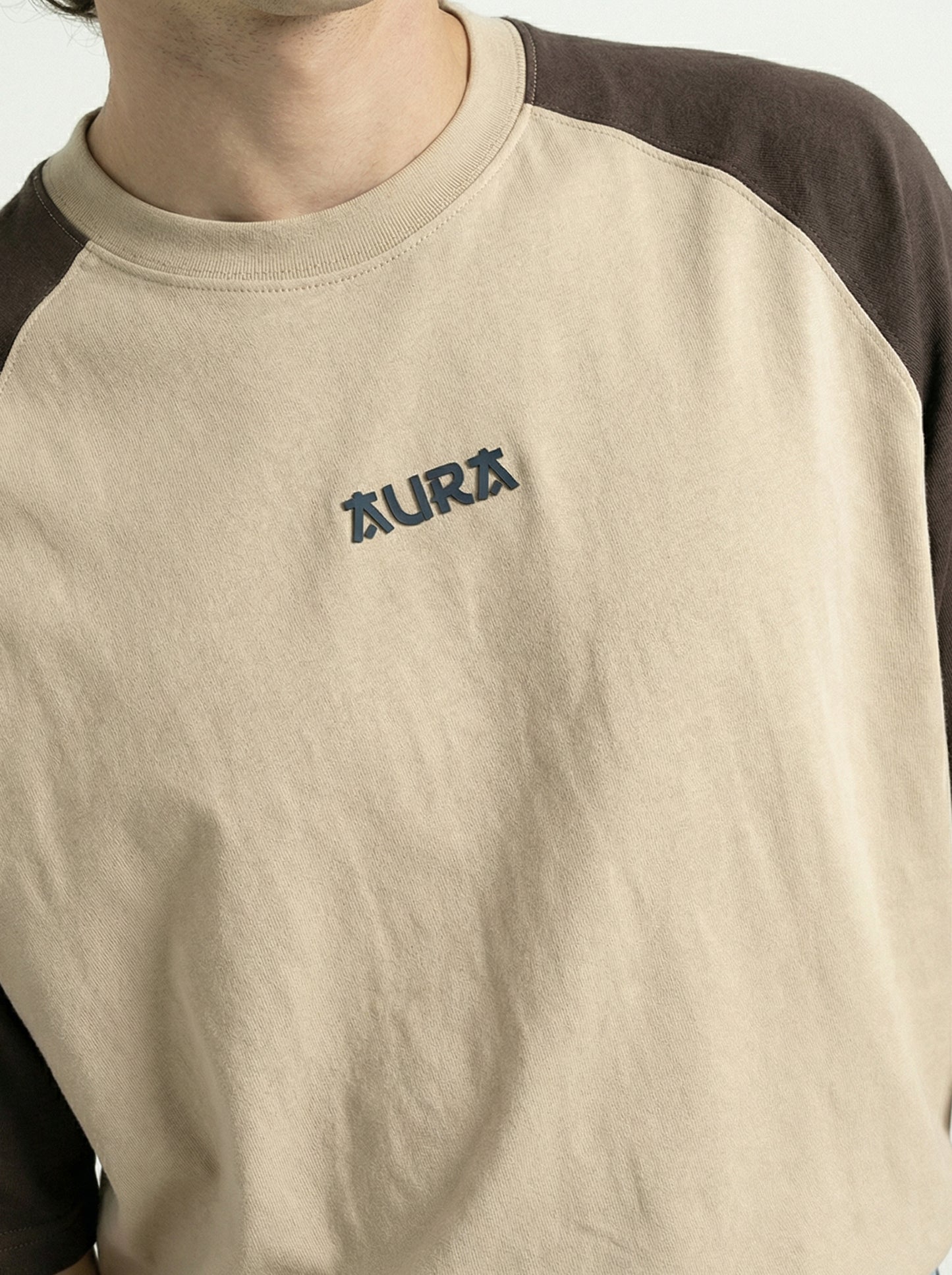 Men’s Casual Oversized Tee – Raglan Sleeve Beige Brown Cotton T-Shirt