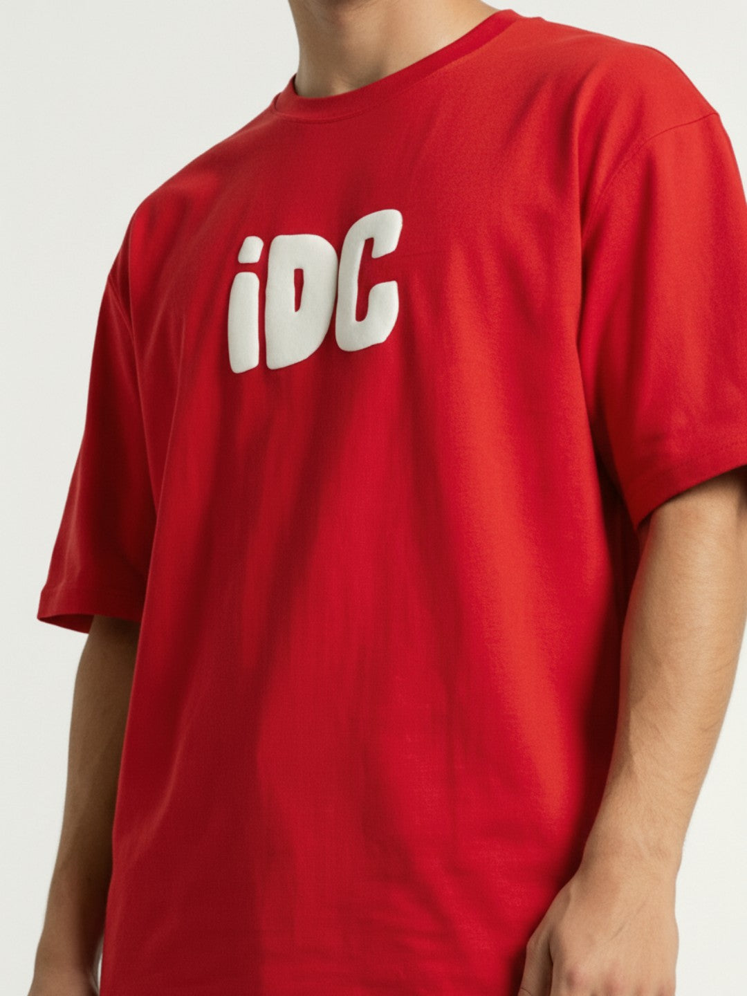 Men’s Oversized Red Graphic T-Shirt – “I Don’t Care” Back Print | Cotton Blend Drop Shoulder Streetwear Tee