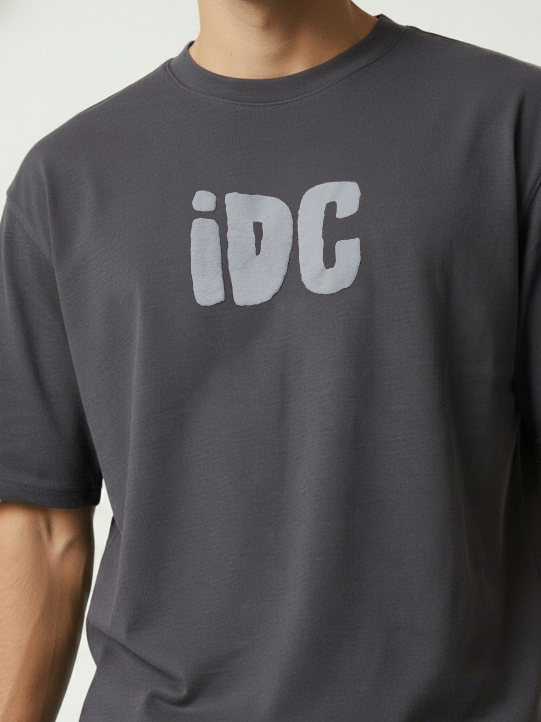 Men’s Oversized Grey Graphic T-Shirt – “I Don’t Care” Back Print | Cotton Blend Drop Shoulder Streetwear Tee