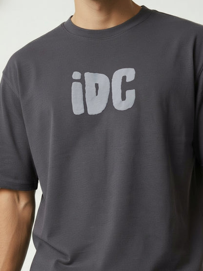 Men’s Oversized Grey Graphic T-Shirt – “I Don’t Care” Back Print | Cotton Blend Drop Shoulder Streetwear Tee