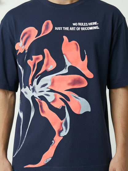 Men’s Oversized Navy Blue Graphic T-Shirt – Abstract Art Print | Cotton Blend Drop Shoulder Tee