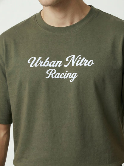 Men’s Olive Green Oversized T-Shirt | Urban Nitro Racing Back Print Graphic Tee