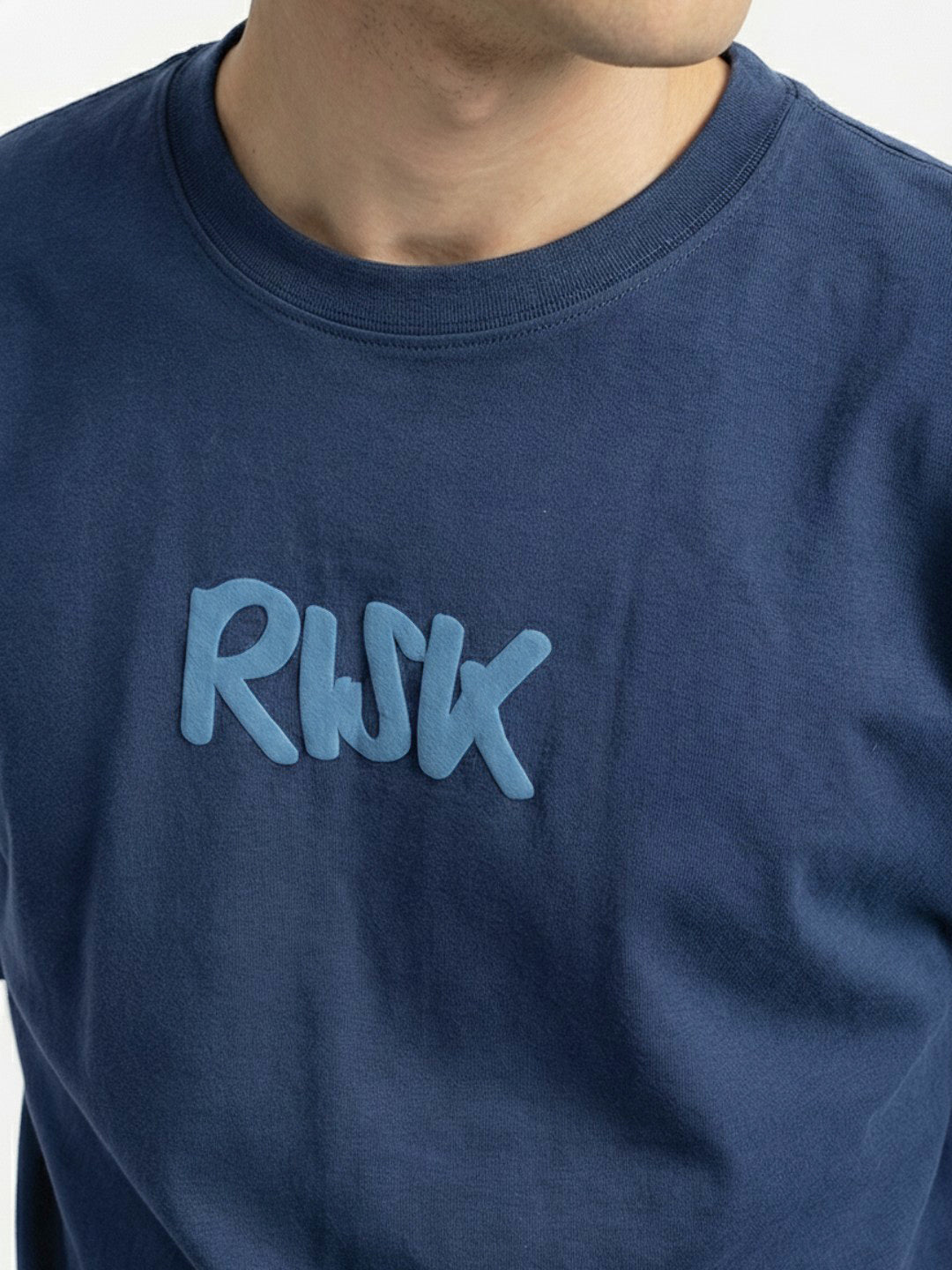 Men’s Navy Blue Oversized Typography Graphic T-Shirt – “Risk is Better Than Regret” Back Print Streetwear Tee