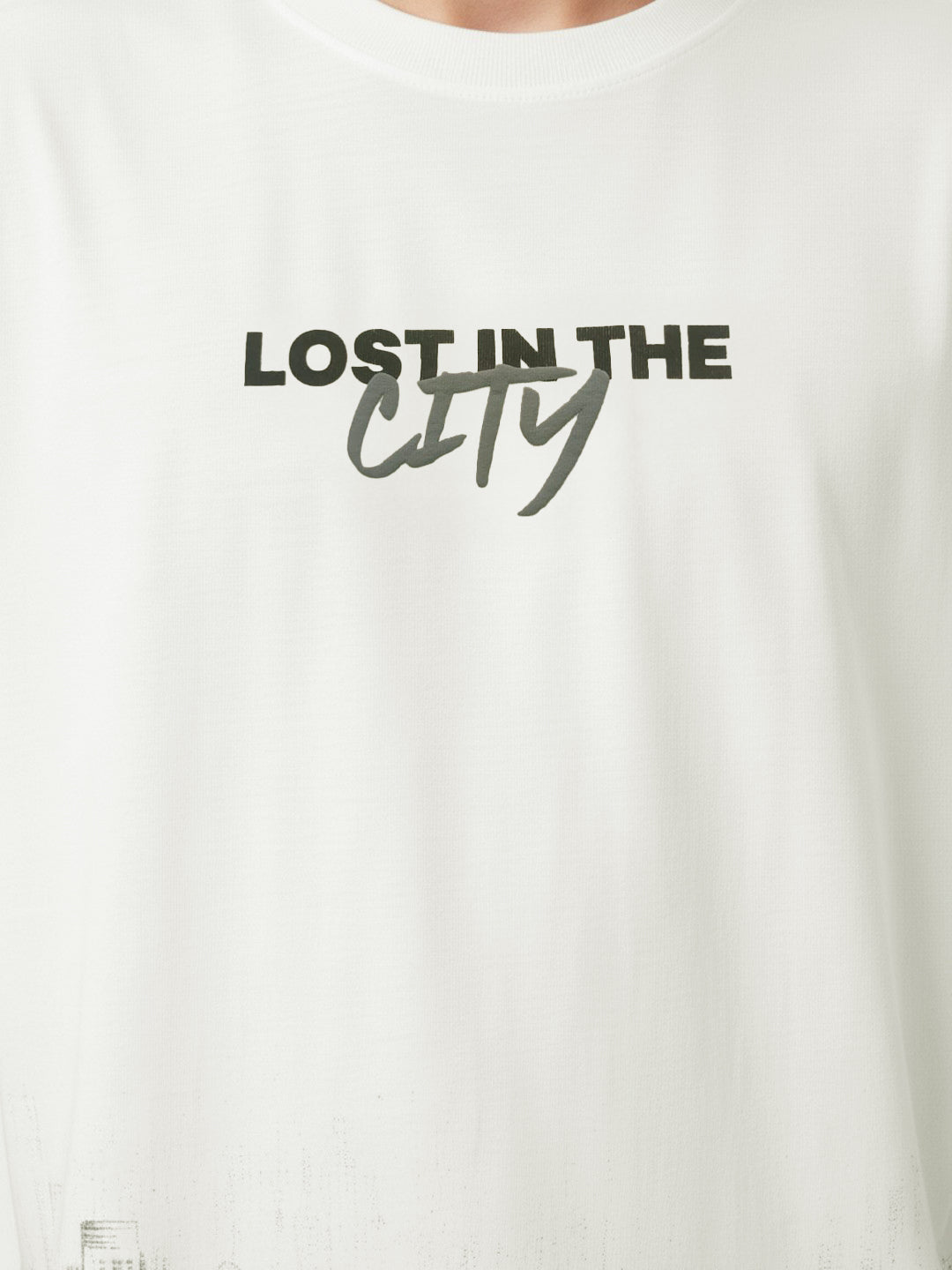 Men’s Cotton Blend Oversized T-Shirt – Minimal Text & Cityscape Print Casual Tee