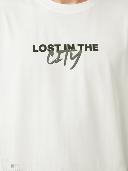 Men’s Cotton Blend Oversized T-Shirt – Minimal Text & Cityscape Print Casual Tee