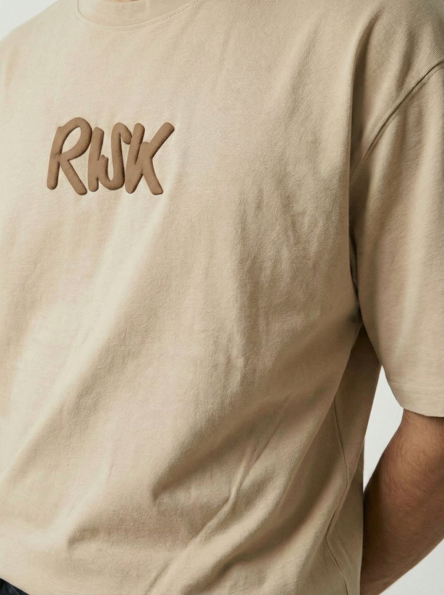 Men’s Beige Oversized Typography Graphic T-Shirt – “Risk is Better Than Regret” Back Print Cotton Blend Streetwear Tee