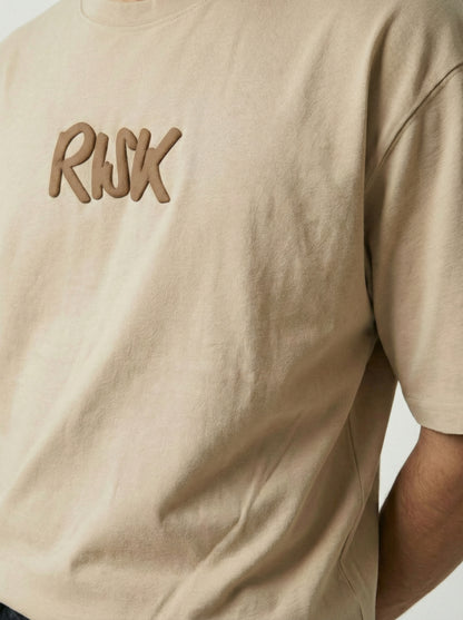 Men’s Beige Oversized Typography Graphic T-Shirt – “Risk is Better Than Regret” Back Print Cotton Blend Streetwear Tee