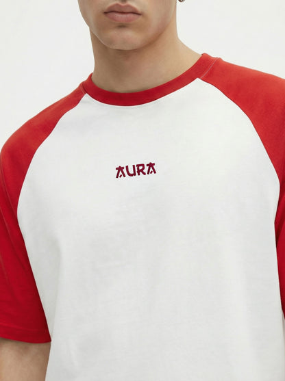 Oversized Raglan T-Shirt for Men – White Red Cotton Blend Casual Tee