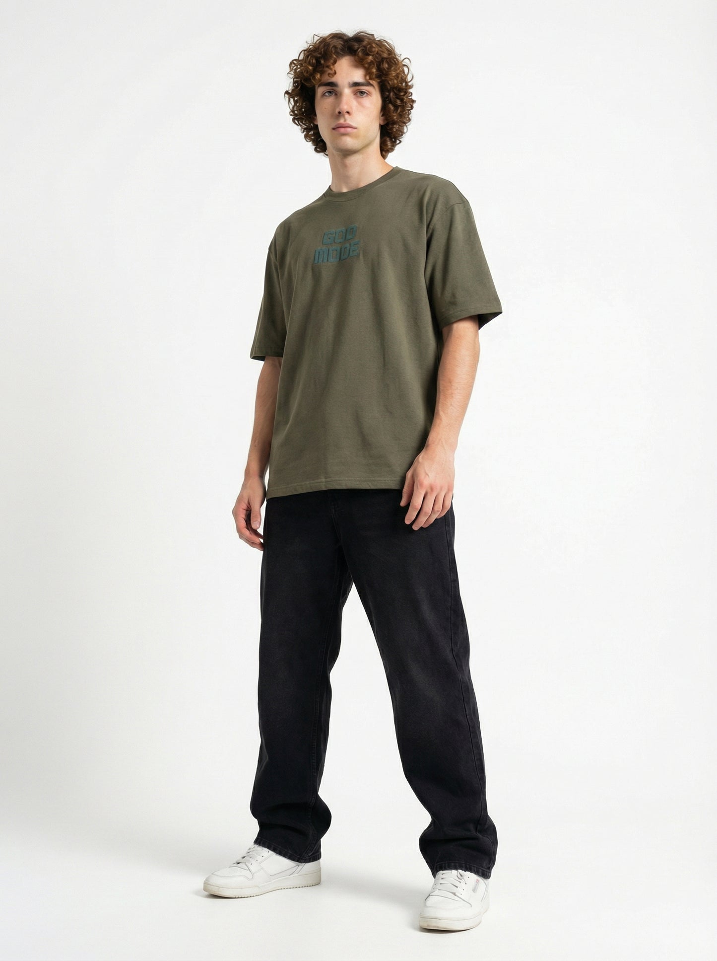 Men’s Olive Green Oversized T-Shirt with Angel Wings Print | God Mode Back Graphic Tee
